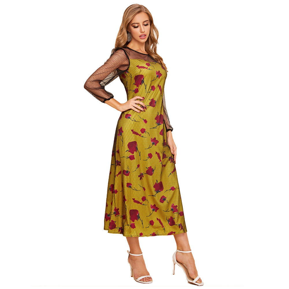 Vestido elegante de cuello redondo, manga larga, cintura elástica y patchwork