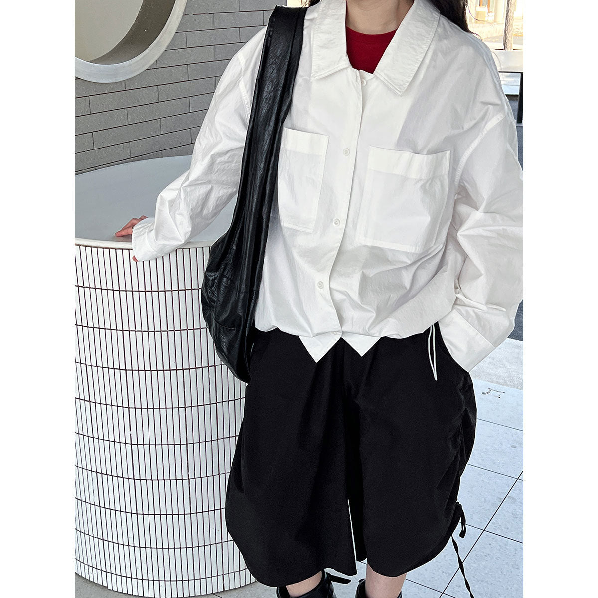 Elegant Double Pocket Polo Collar Casual Shirt All Matching Bandage Dress Shirt