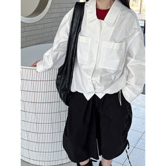 Elegant Double Pocket Polo Collar Casual Shirt All Matching Bandage Dress Shirt