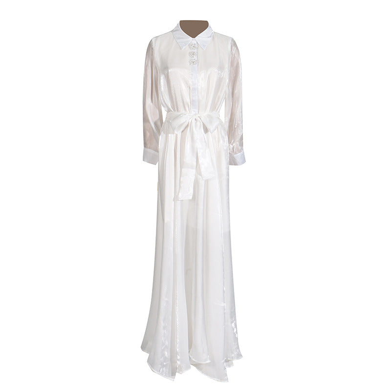 Vestido casual elegante, cuello polo, cintura brillante y dorado, maxi ajustado.
