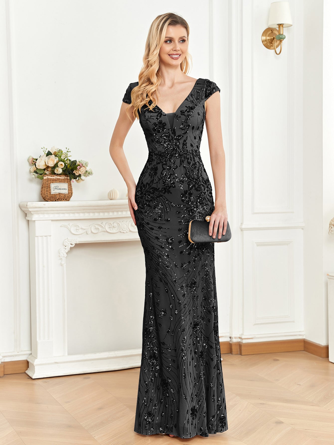 Vestido de cóctel de noche con lentejuelas y champán, corte entallado, cola de pez, largo tostado