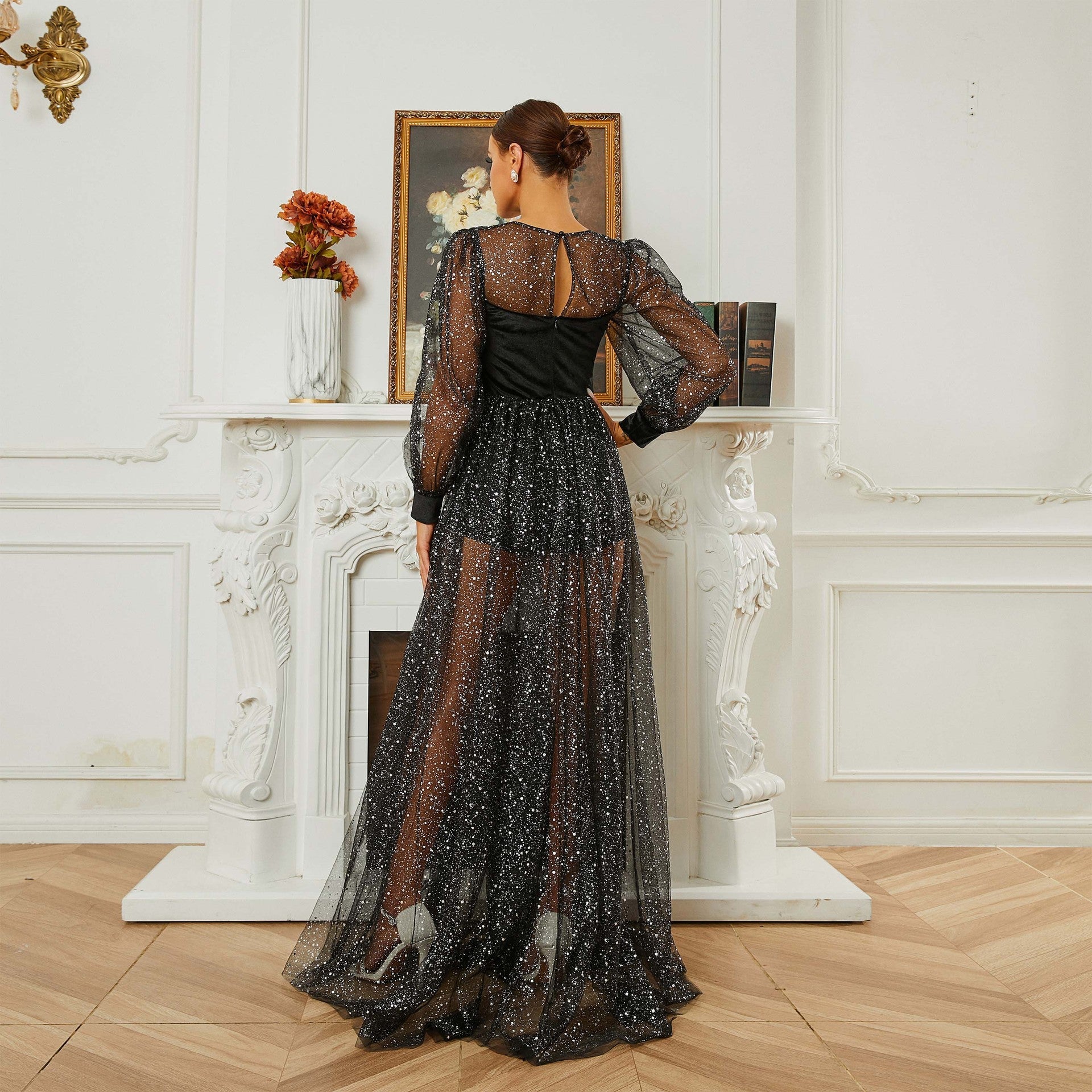 Vestido de noche de dama de honor con cuello redondo, manga larga y lentejuelas de gasa