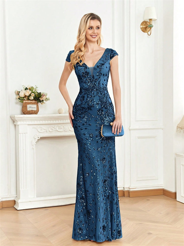 Vestido de cóctel de noche con lentejuelas y champán, corte entallado, cola de pez, largo tostado