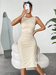Vestido tipo chaleco sin mangas con pliegues y cordón ajustable, vestido ajustado a la cadera, de verano