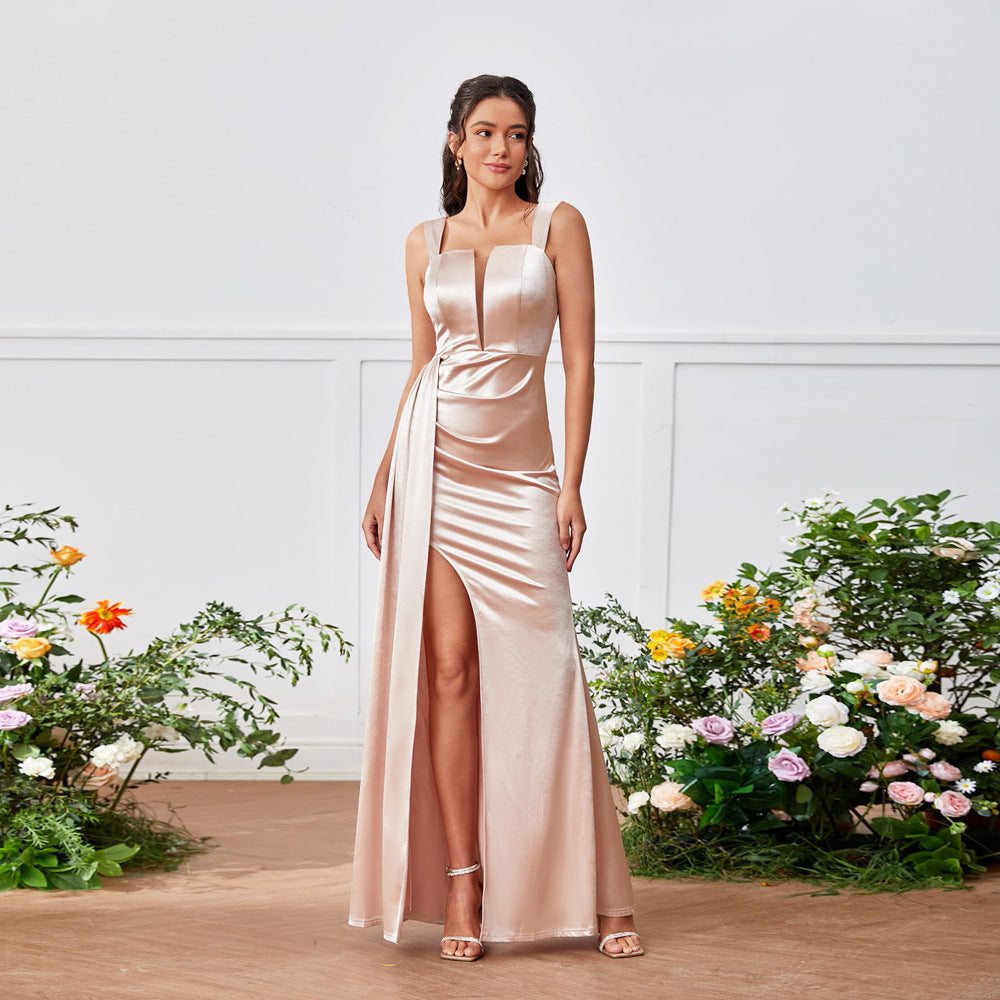 Vestido de mujer con tirantes, parte superior de tubo, abertura lateral alta, bolso de cadera, corte A, cintura alta