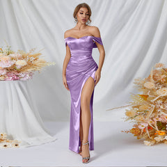 Vestido de noche, vestido de cóctel, vestido de dama de honor, largo, puro, con hombros descubiertos, vestido con abertura alta