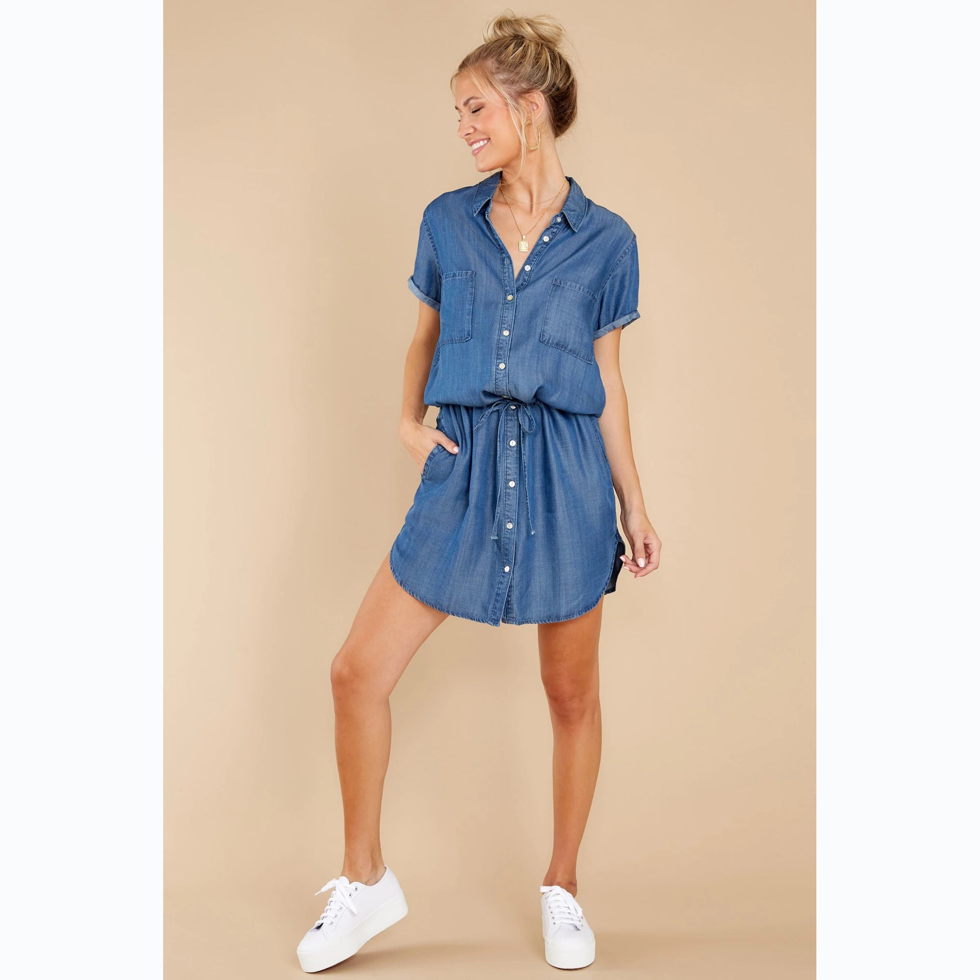 Casual Belt Single-Breasted Denim Dress