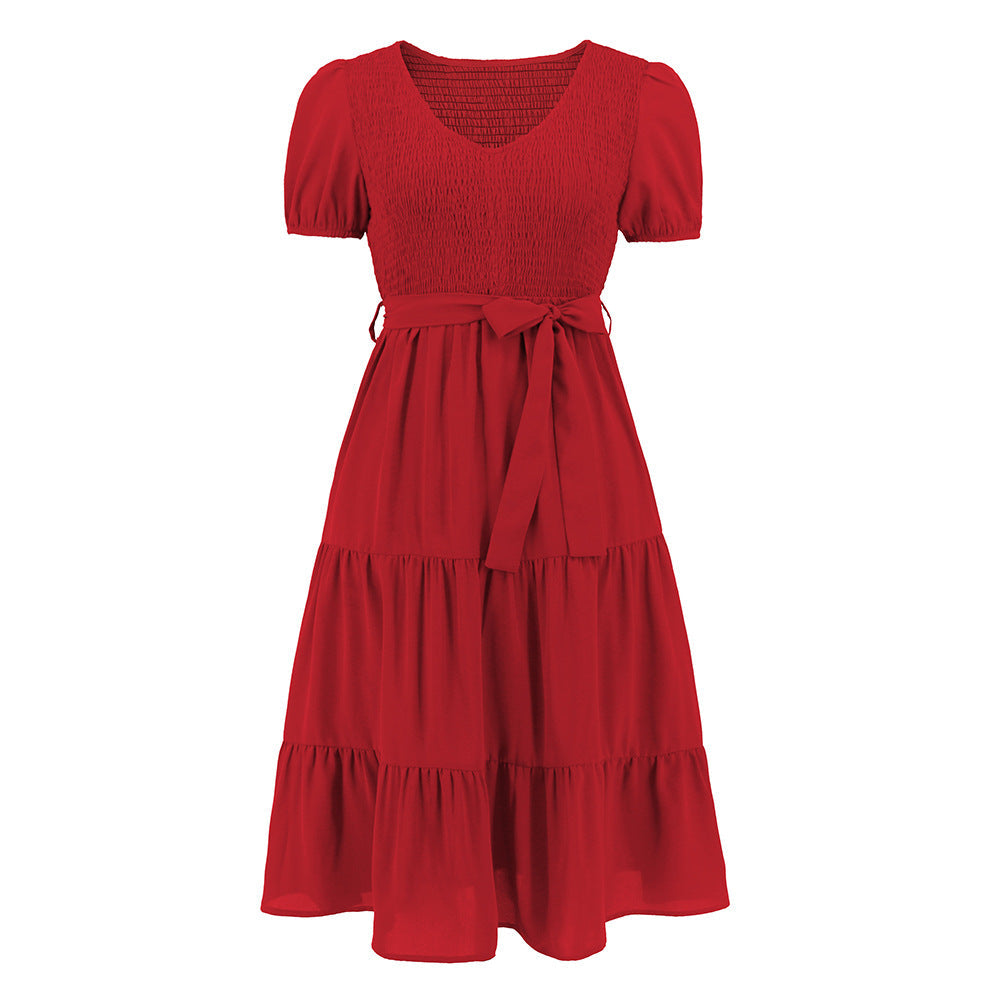 round Neck Short Sleeve Slim Fit Large Swing Stitching Tiered Dress Casual Dress