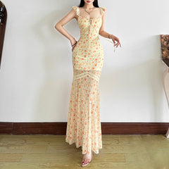 Tie-waist fishtail fruit print slim dress