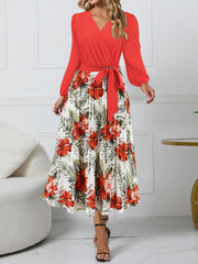 Slim V Neck Printed Dress Long Sleeve Pleated Dress
