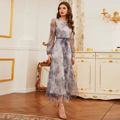 Print round Neck Lace Long Sweet Dress