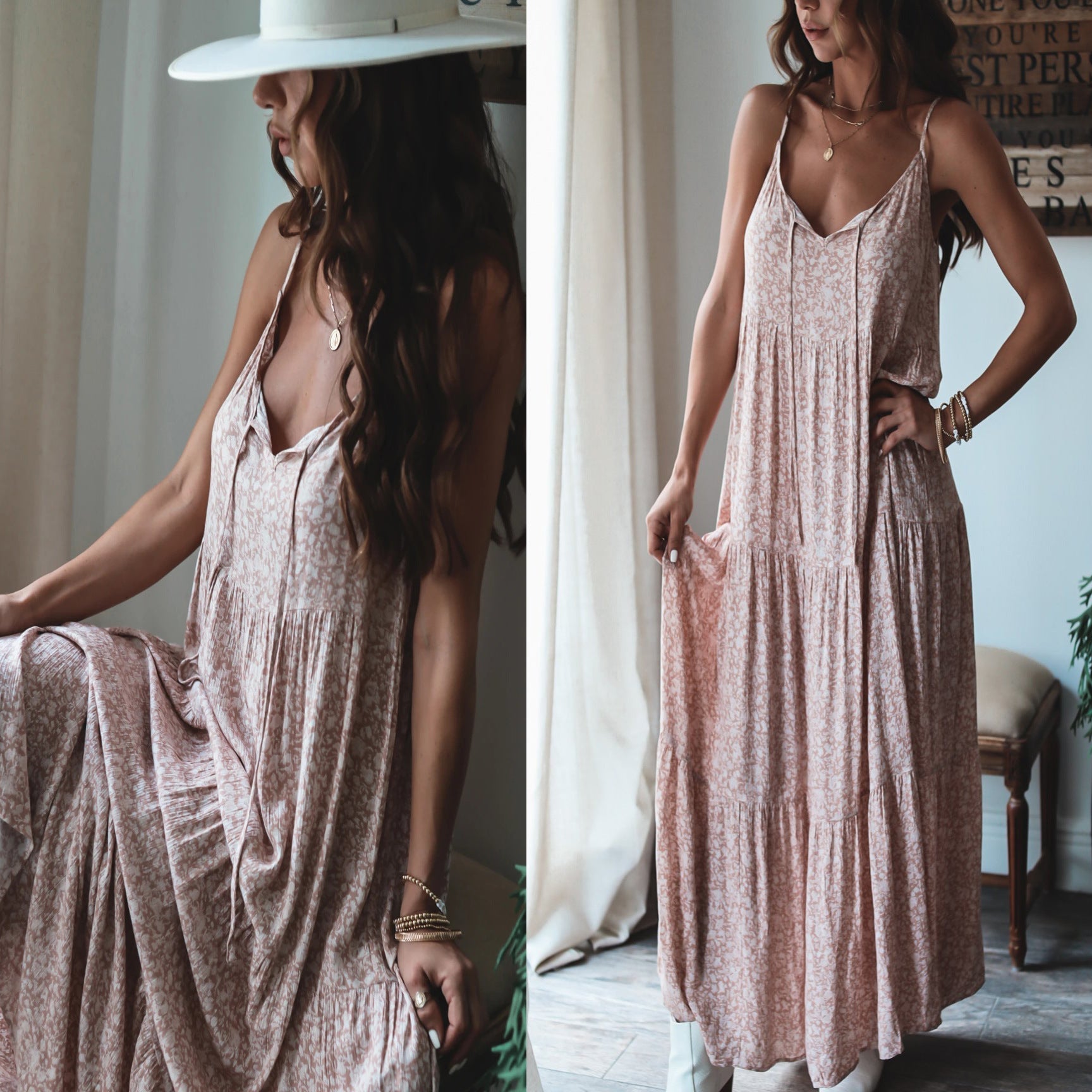 Vestido largo holgado con tirantes, capas y cordones, estampado floral