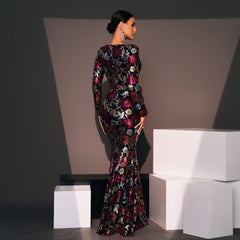Vestido de noche de manga larga, cuello redondo, ajustado, largo, con lentejuelas, para cóctel y dama de honor.