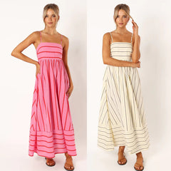 Striped Sleeveless Strap Backless Large Swing Casual Dress