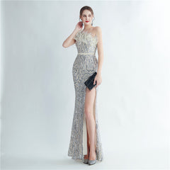 Heavy Industry Ostrich Hair Craft Beading Hair Oblique Shoulder Side Slit High End Evening Dress