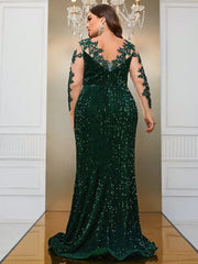 Plus Size Mesh Sequin Stitching Long Sleeve Three Dimensional Floral Evening Dress Cocktail Fishtail Maxi Dress