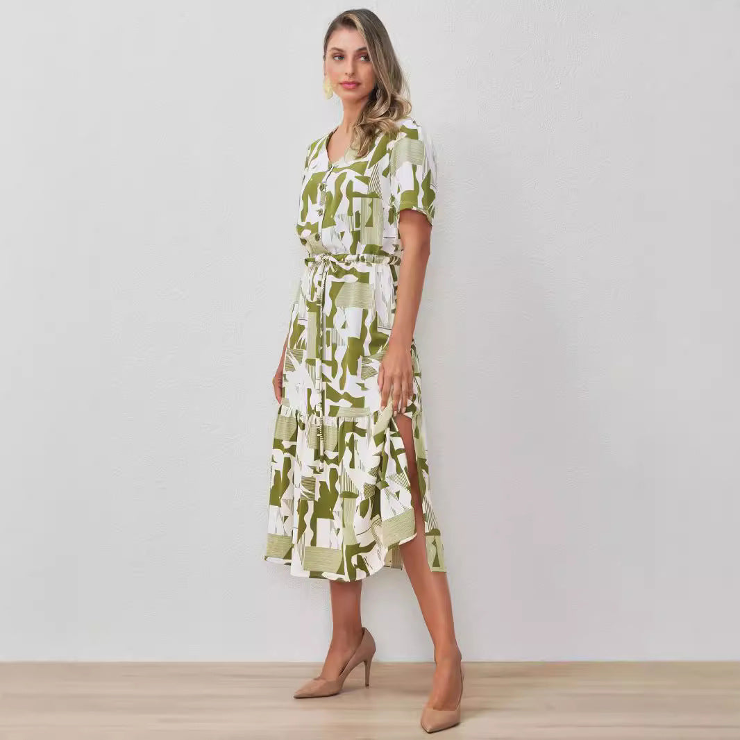 Vestido midi con abertura lateral y encaje, cintura elástica y diseño tipo cárdigan