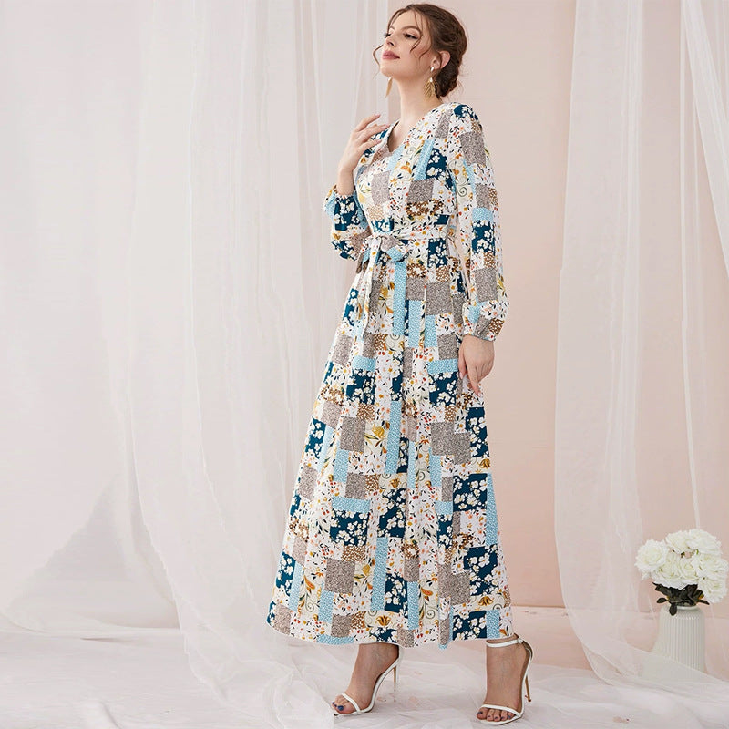 Sweet V-neck Long Sleeve Floral Print High Waist Lace up Slim Fit Fresh Maxi Dress