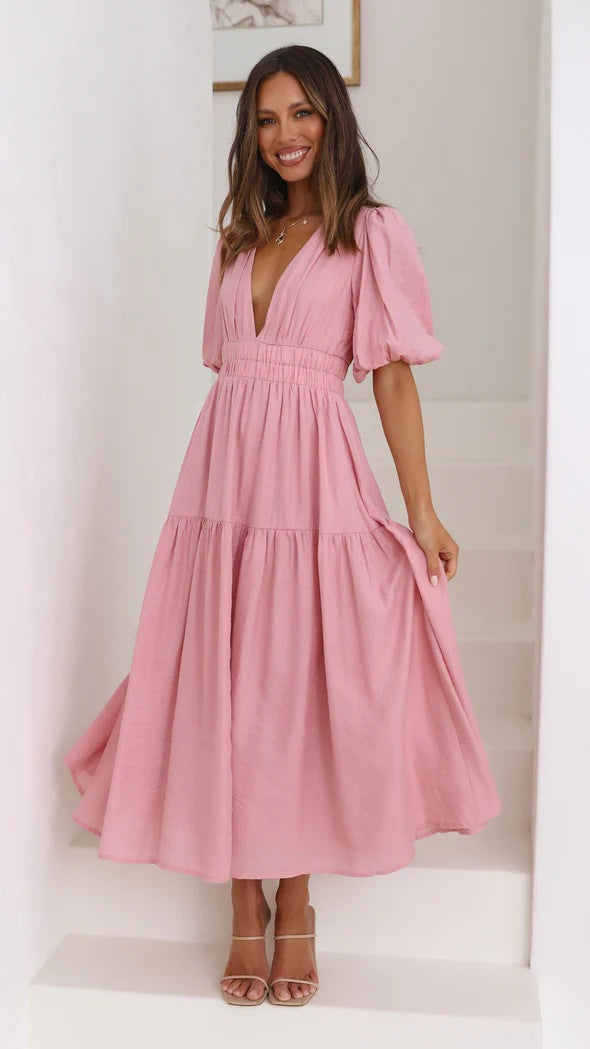 Casual Trends V neck Tight Waist Mid Length Dress
