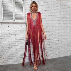 Deep V Plunge Luxury Rhinestone Tassel Dress Party High End Dinner Performance Dress