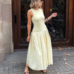Vestido tipo chaleco francés sin mangas, de alta calidad, con costuras plisadas y adelgazante.
