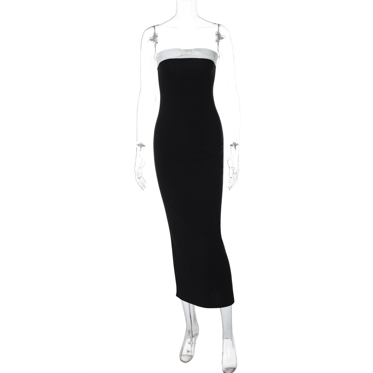 Tube Top Black White Color Matching Waist Slimming Slit Dress