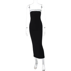 Tube Top Black White Color Matching Waist Slimming Slit Dress