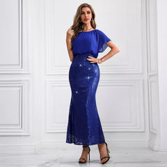 Vestido de noche retro con costuras de gasa y apliques