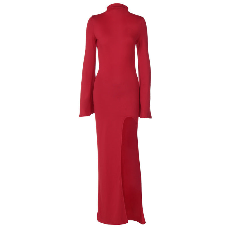 Bell Sleeve Backless Slit Maxi Dress Slim Fit Dress