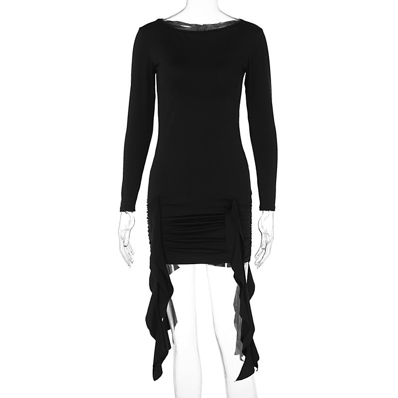 Slim Fit round Neck Long Sleeves Irregular Asymmetric Dress Short Sleeve