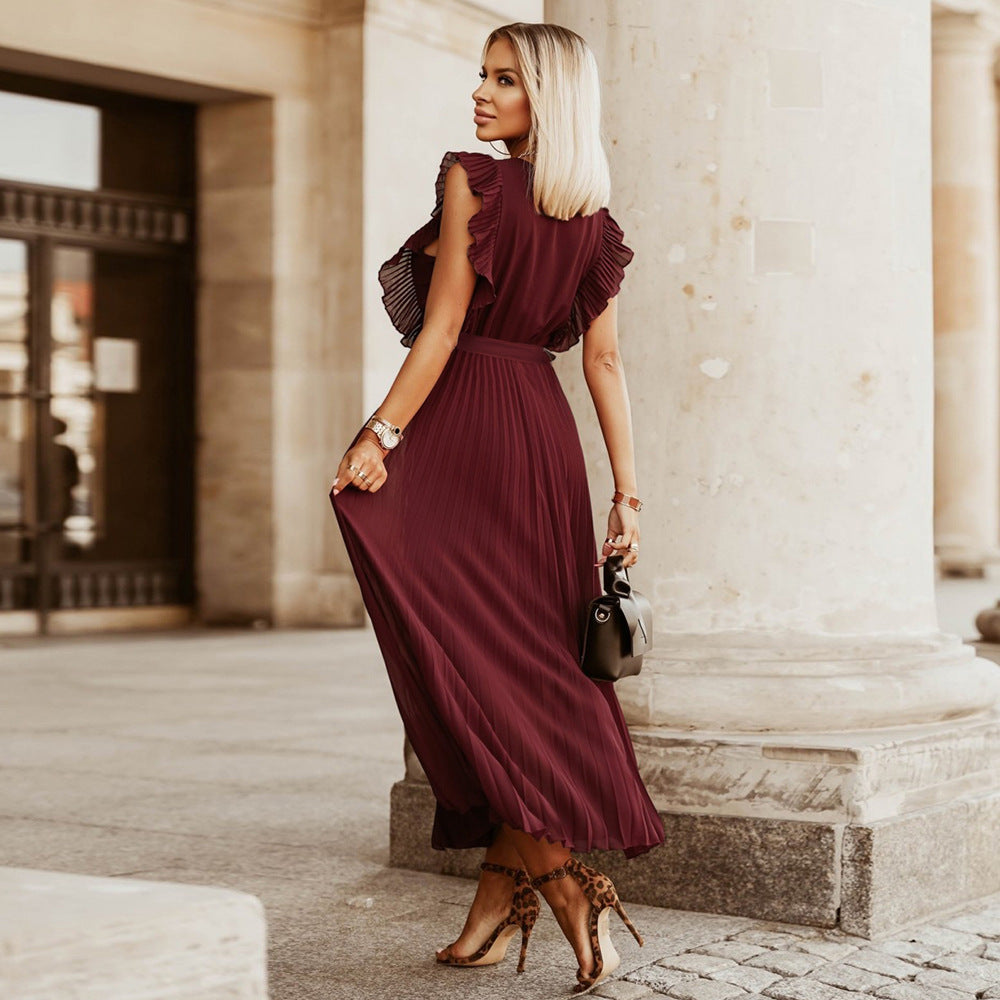 Elegant Beach DressSlim Fit Ruffle Sleeve Chiffon Pleated Solid Color Dress