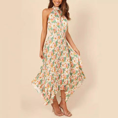 Printing Folding Solid Color Sleeveless Halter V neck Asymmetric Dress