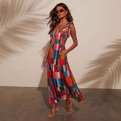 Vacation Printed Sleeveless Lace Color Block Mid Length Dress