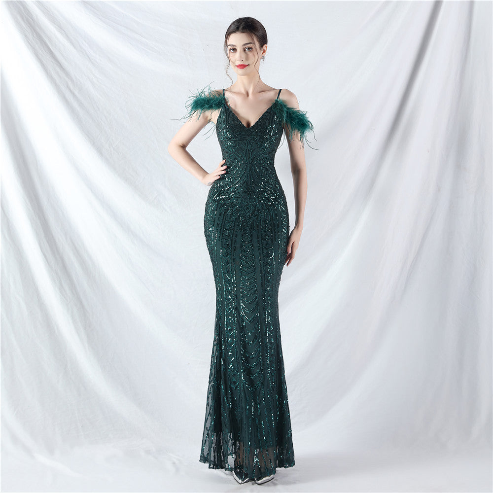 Posicionamiento Floral Lentejuela Artesanía Orden Cabello de Avestruz Vestido de Noche de Alta Gama