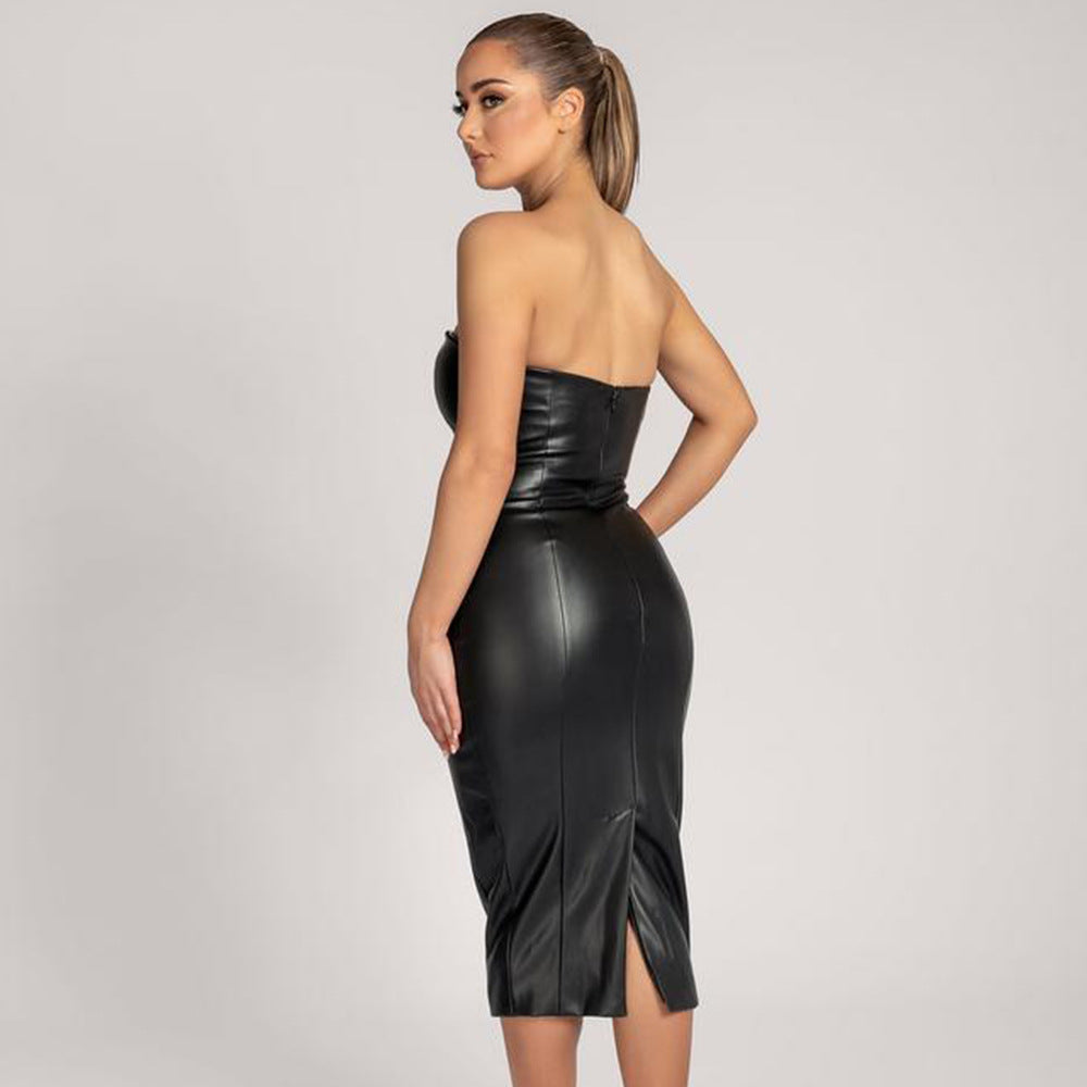 Vestido midi elegante de cuero sintético de color liso con corte ajustado y abertura en la espalda