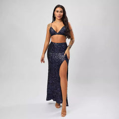 Vestido largo de lentejuelas de alta calidad con almohadilla en el pecho y abertura alta
