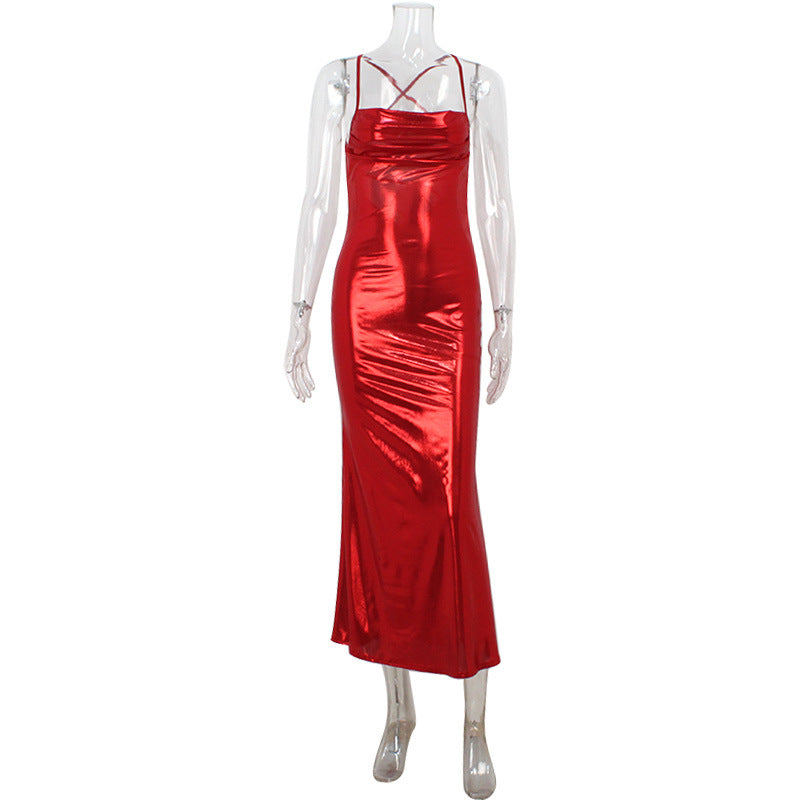 off Neck Red Elegant Backless Slim Fit Cami Dress Hip Dress