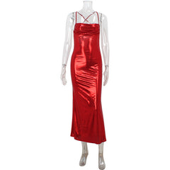 off Neck Red Elegant Backless Slim Fit Cami Dress Hip Dress
