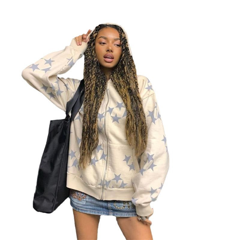Sudadera con capucha y cremallera Y2k con estampado de estrellas vintage