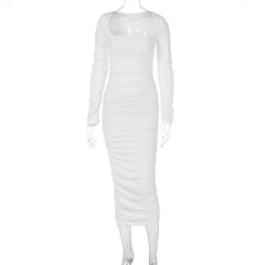 Einfarbiges Langarm-Faltenkleid