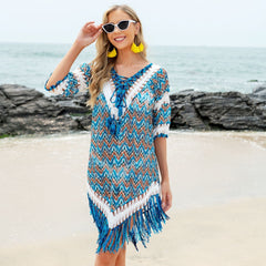 HCrocheting Wool Yarn Vacation Lace Beach Tassel Swimsuit Smock Dress