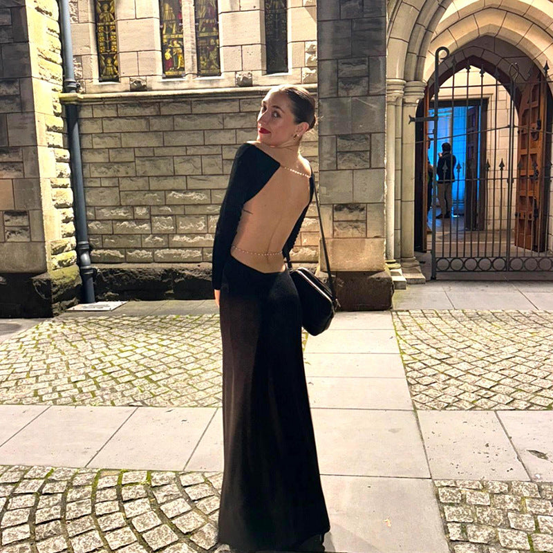 Fall Maxi Dress Elegant Backless Chain Long Sleeve