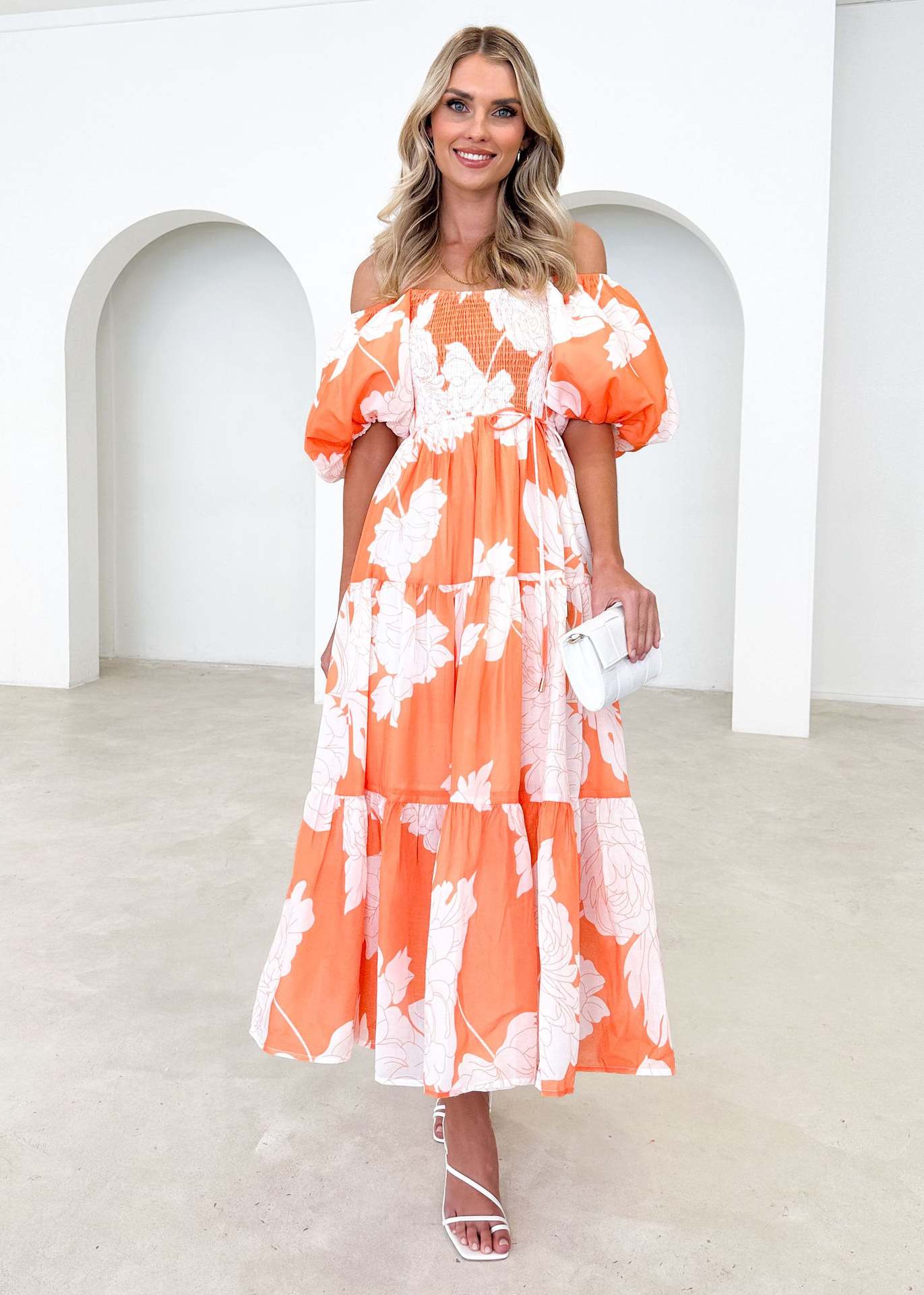 Elegant Floral Print off Shoulder Puff Sleeve