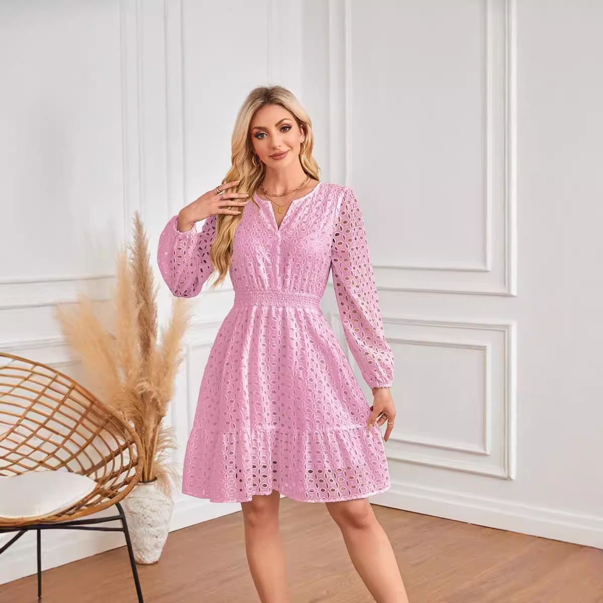 V Neck Hollow Out Cutout Eyelet Embroidery Pleated Long Sleeve Dress