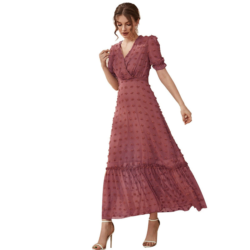 V neck Puff Short Sleeve High Waist Solid Color Dress