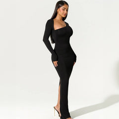 Slim Fit Slimming Long Sleeves Diagonal Collar Back Slit Dress