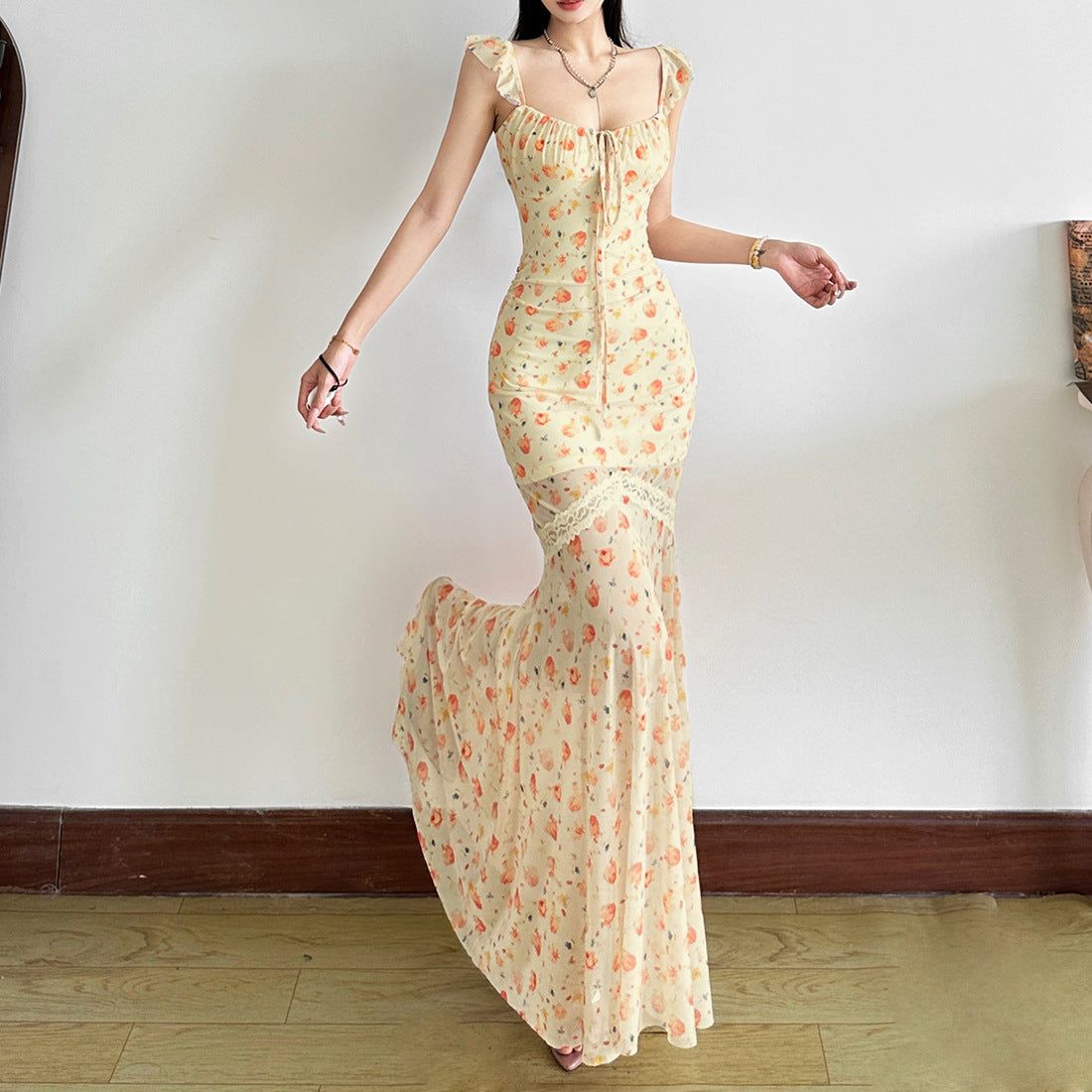 Tie-waist fishtail fruit print slim dress