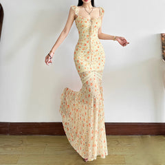 Tie-waist fishtail fruit print slim dress