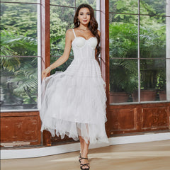 Vestido de fiesta con corsé, tirantes finos y vuelo, color blanco, para el primer amor, estilo tubo francés