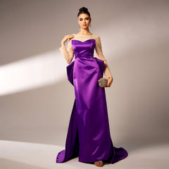 Vestido de noche de dama de honor de alta calidad con cuello redondo, manga larga y lazo grande con cuentas para cóctel